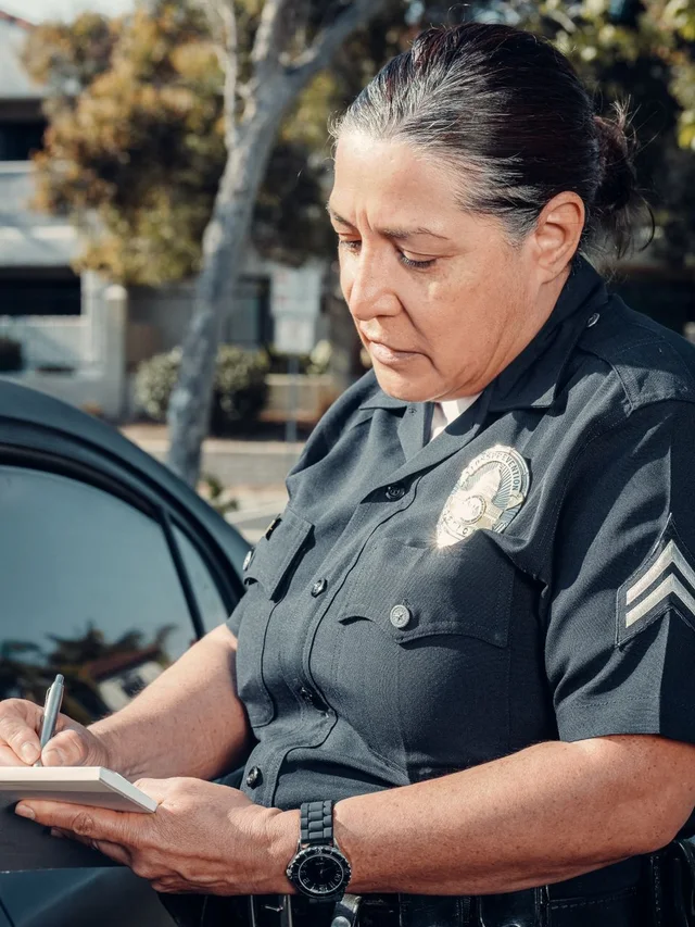 Police officer writing a traffic ticket beside a vehicle