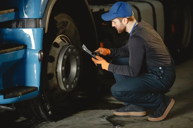 Technician reviewing a checklist beside a commercial truck wheel
